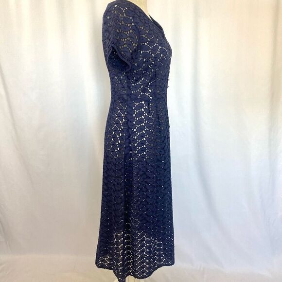 Rare Vintage Navy Blue Eyelet Lace Midi Dress Short Sleeve 50s Fit & Flare Women - Picture 4 of 12